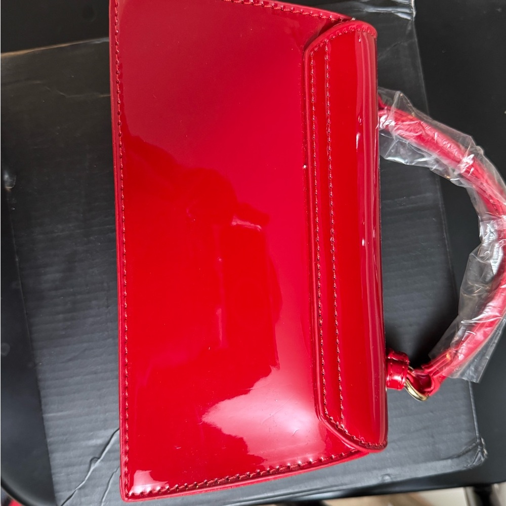 Fashion Nova Red Clutch with Glossy Finish and wedge red heel